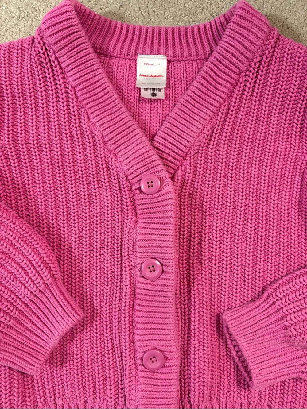 Hanna Andersson 100% Cotton Pink Chunky Knit Button-Front Cardigan Girls Size 8 - Picture 2 of 5